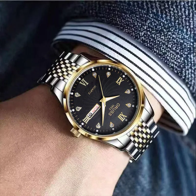 ORUSS оригинальные мужские часы из нержавеющей стали с двойным календарем, водонепроницаемые светящиеся роскошные золотые часы, модные кварцевые мужские наручные часы, новый бренд