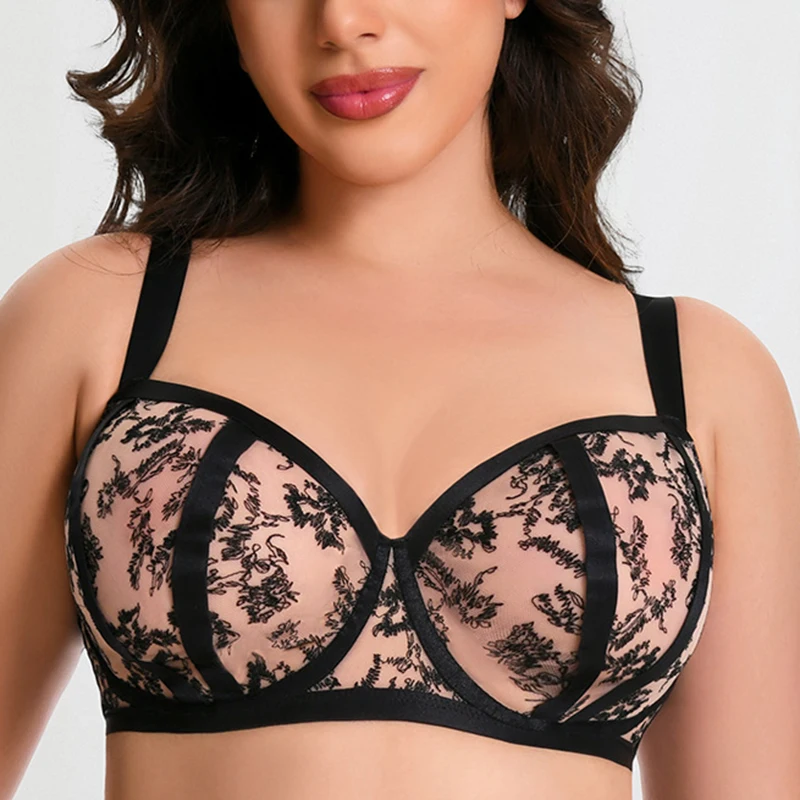 Sexy Womens Lace Sheer Minimizer Bra Non Padded Underwire Female Breathable Plus Size Lingerie 34 36 38 40 42 DD E F FF G