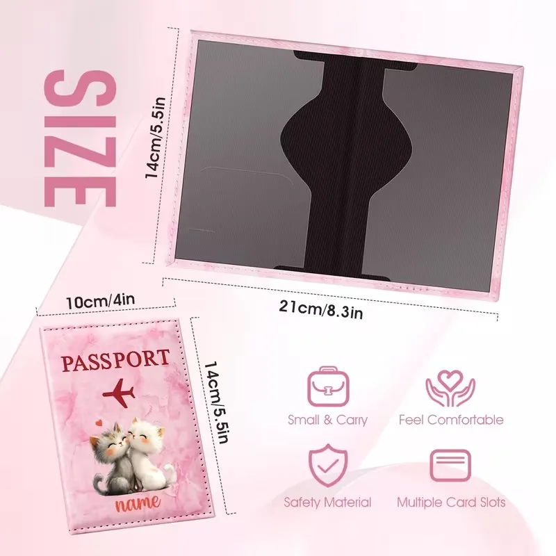 Custom Name Cute Cat Kissing Illustration Design PU Passport Holder, Two White Kittens Hugging And Kissing with Heart Elements
