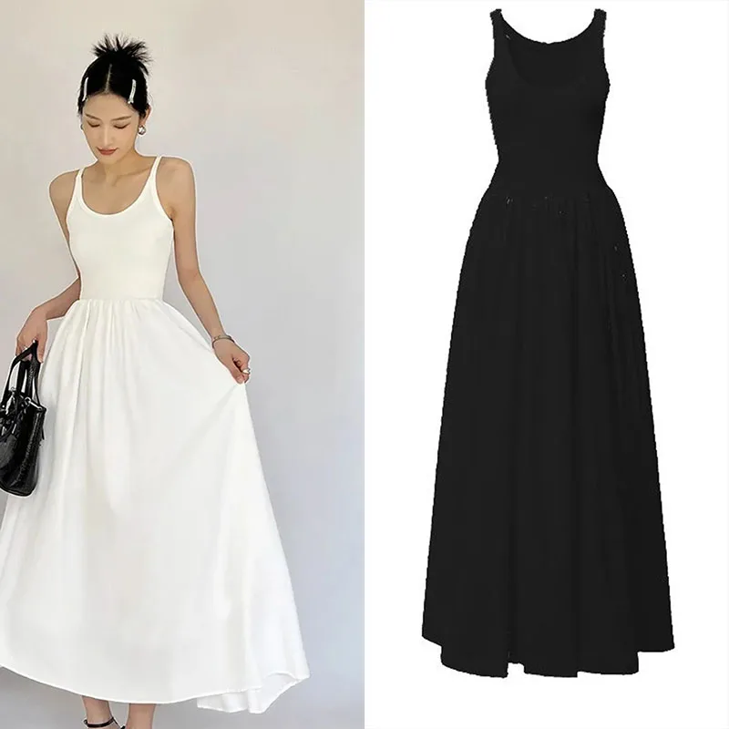 Elegant Knitted Patchwork Long Dresses Women Summer Simple All-Match Beach Strap Dress Korean High Waisted Party Maxi Vestidos