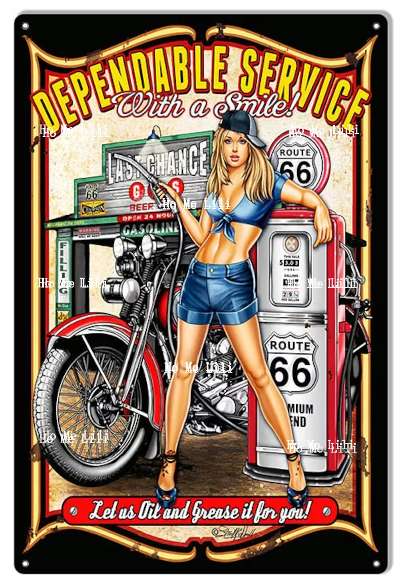 Firefighters Patriotic Fire Department Pin Girl Chrome Polished Motorbike Reliable Service Gas Station Poster Metal Sign