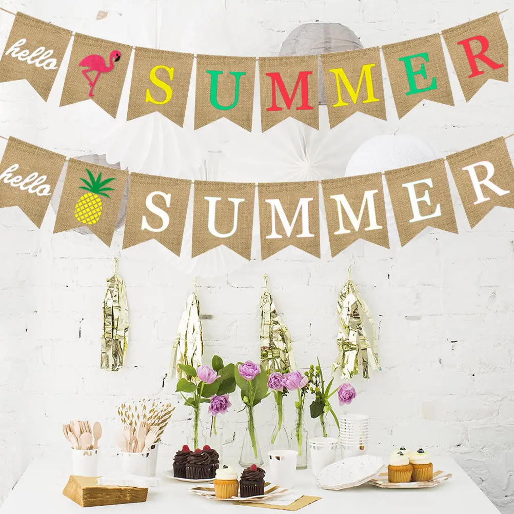 2Pcs Summer Party Bunting Hawaii Themed Burlap Pull Flag Featuring Cute Flamingo Pineapple Patterns Ideal for Birthday Dancing