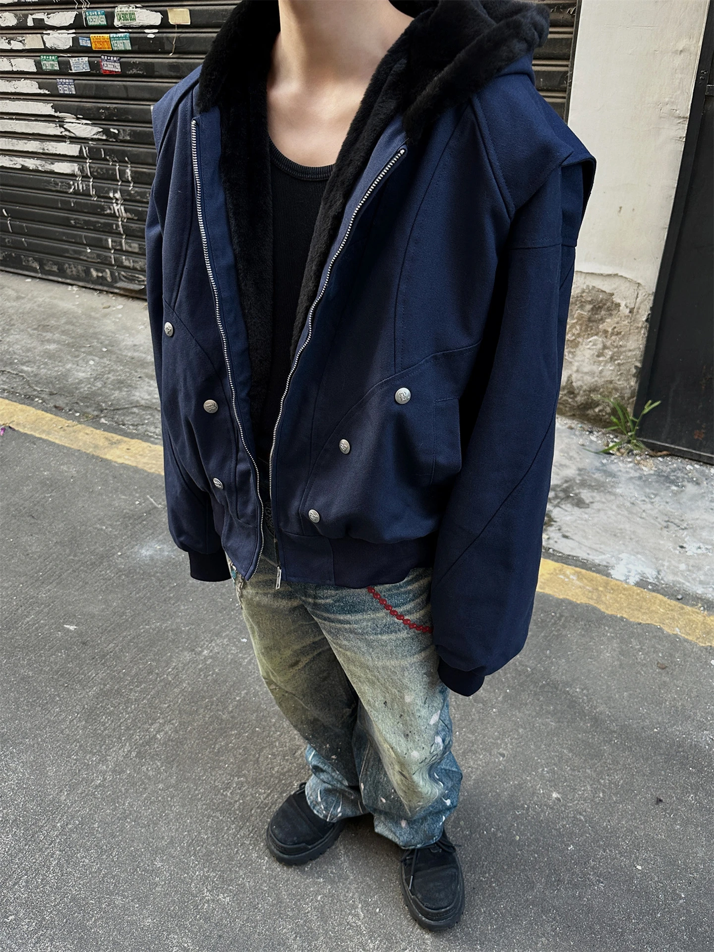 

ex с капюшоном Fce Jaet Waed Свободная хлопковая рабочая одежда Модная молодежная культура Thiened Long Sve на молнии