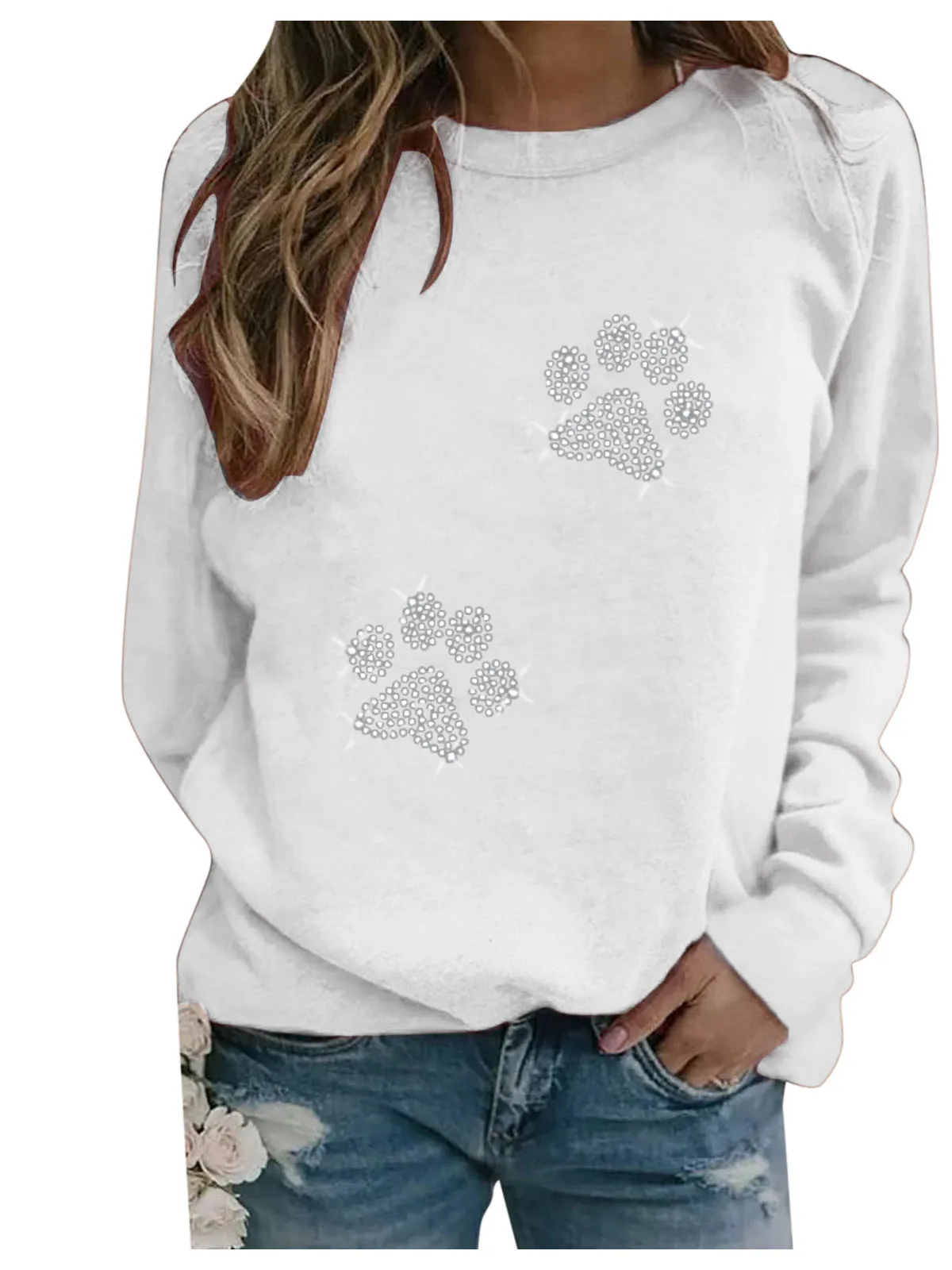 سويت شيرت نسائي غير رسمي مطبوع برقبة دائرية، تصميم شارع، أكمام طويلة، قصة فضفاضة، مزيج من الألياف، سمك متوسط، موضة الخريف