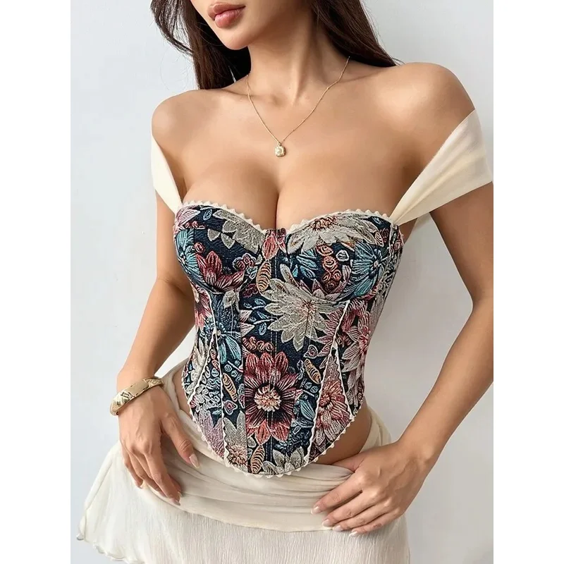 Vintage French Floral Print Corset Top Women Double Strap Bandage Chest Support Body Shapewear Y2k Fishbone Vest Crop Tops 2026
