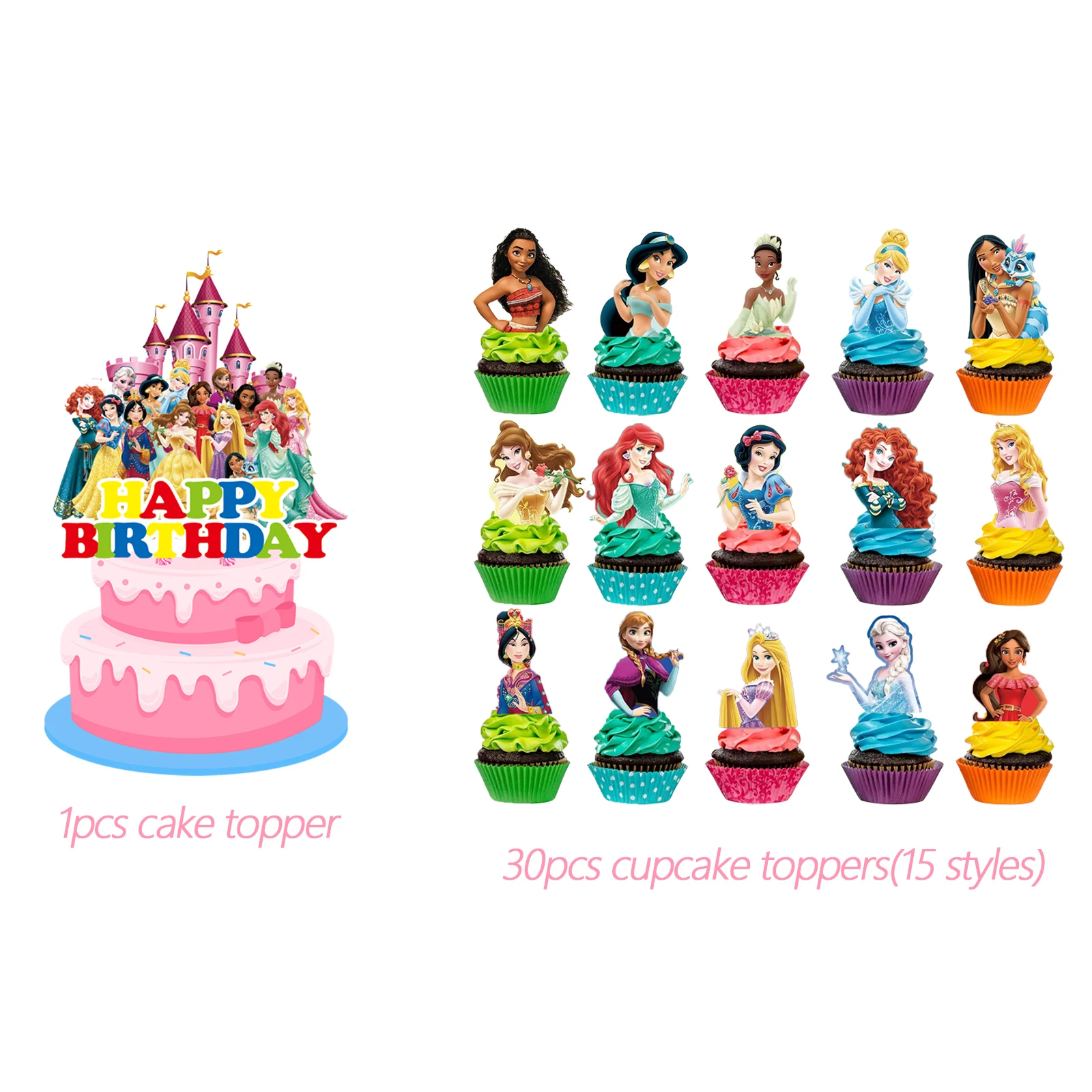 قطعة علوية لكعكة أميرات ديزني، أغطية كب كيك للفتيات، مستلزمات حفلات أعياد ميلاد الأميرة الوردية، عيد ميلاد الأميرة