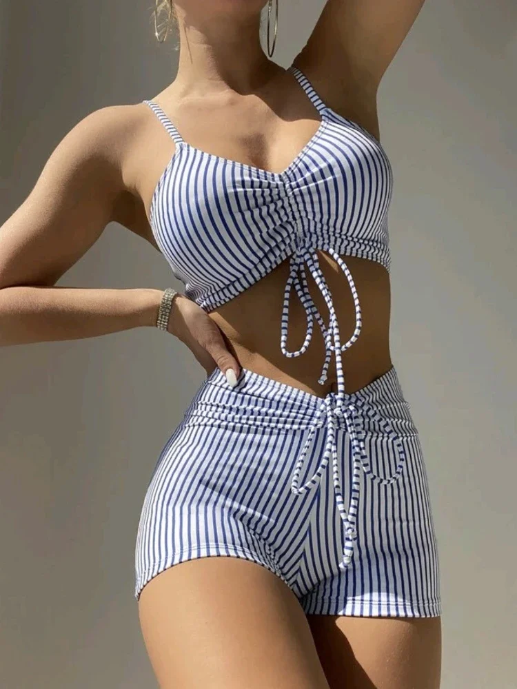 2023 Abbigliamento sportivo Bikini a righe a vita alta Costume da bagno da donna vintage Pantaloncini Fondo Costumi da bagno Due pezzi Tankini Set Costume da bagno