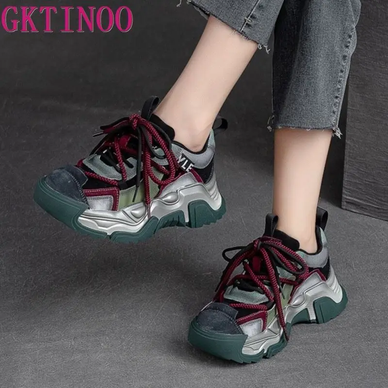 

GKTINOO 2023 Autumn Winter Shoes Genuine Leather Sneakers Fashion Boots for Women Thick Sole Women Ankle Boots Ladies Botas