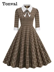 Tonval Brown Plaid Rockabilly Vintage Midi Dresses Turn-Down Collar Bow 3/4 Length Sleeve Autumn Winter Women Elegant Dress