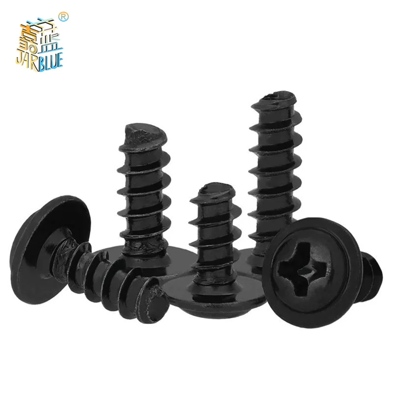 

50pcs/Lot PWB Round Head W/ Washer Self-tapping Screw Black Plated Carbon Steel Truss Screw M1.4 M1.7 M2 M2.3 M2.6 M3 M3.5 M4