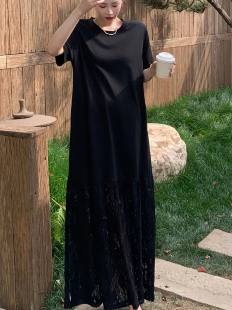 Verão solto renda splice dupla camada ombro manga camiseta vestido preto estilo elegante venda quente da temporada vestidos casuais
