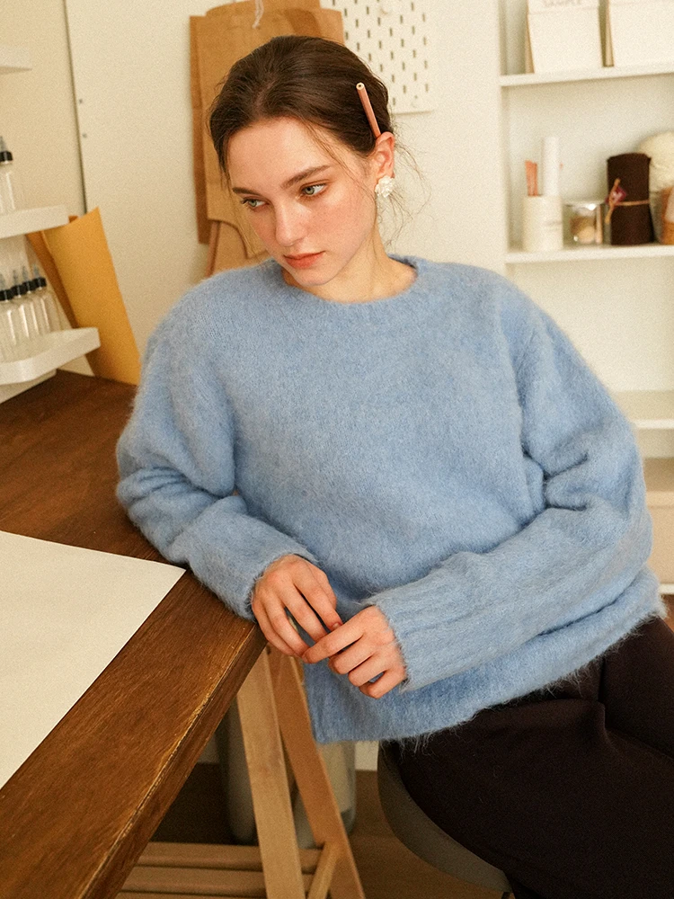 

Женский теплый свитер Miorastudio из верблюжьей шерсти свободного кроя с круглым вырезом и длинными рукавами для осени и зимы, модный повседневный стиль