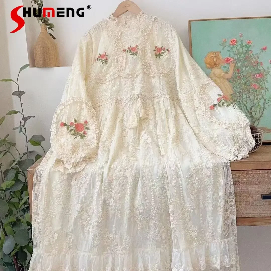 

Mori Girl Style Sweet Heavy Industry Embroidered Long Dress Op Womens Autumn Elegant Lace Loose Elastic Waist Casual Y2k Dress