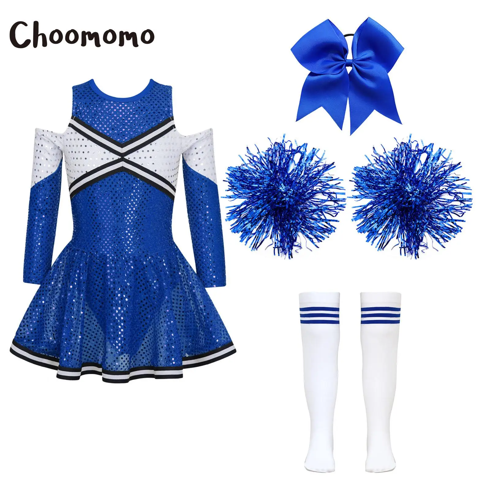 

Girls Cheerleader Costume Cheerleading Dance Outfits Long Sleeve Off-Shoulder Sequin Dress with Headwear Hand Flowers Socks Suit