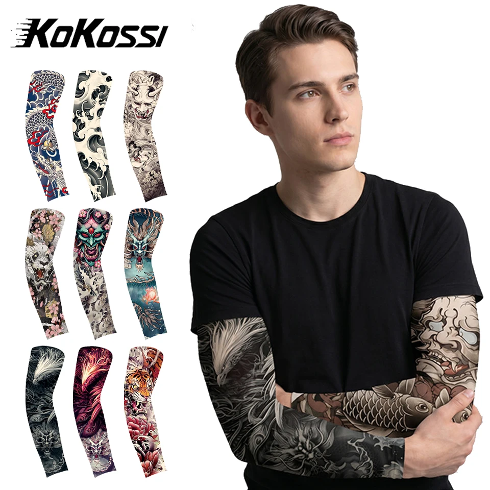 KoKossi 1PCS Fashion Tattoo Printed Sleeve Ice Silk Arm Cover Sunscreen High Elasticity Breathable Quick Drying Cool Unisex