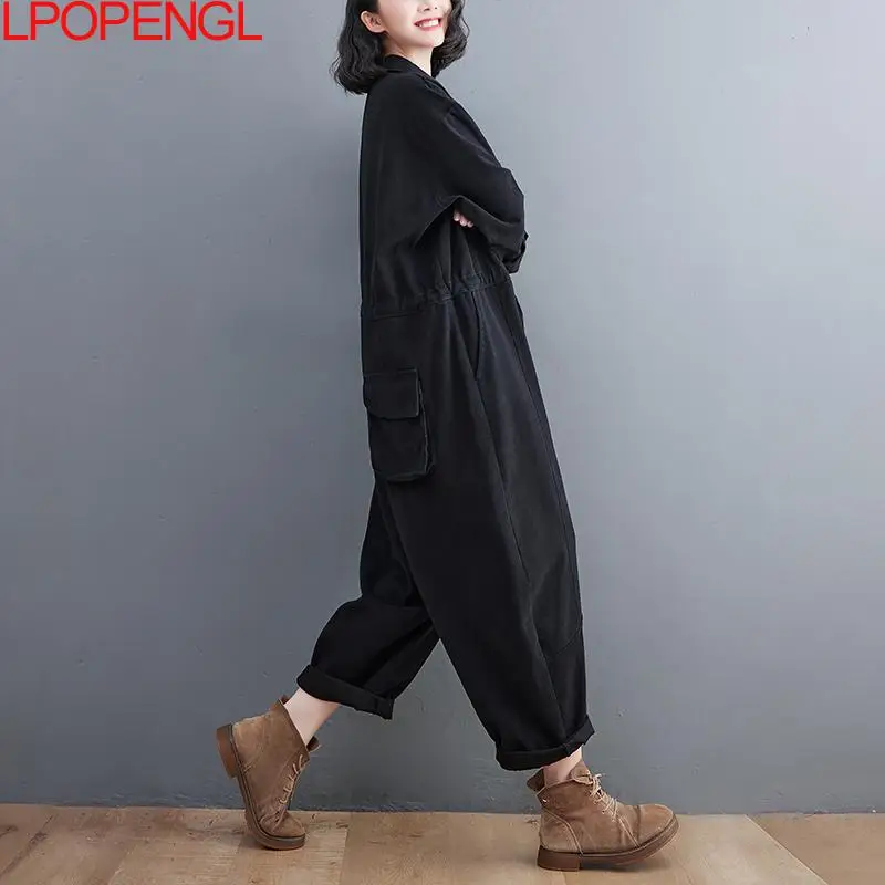 2022 Fashion Autumn New Corset Oversized Long Sleeves Jumpsuit Women's Temperament Casual Straight Vintage Ankle-length Pants