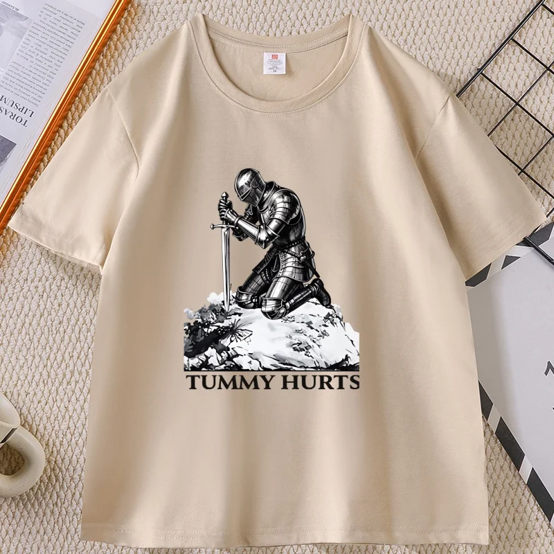 Tummy Hurts T-Shirt Funny Knight Meme Tee Vintage Gothic Graphic T Shirts Casual Round Neck Printed Cotton Short Sleeve Tees