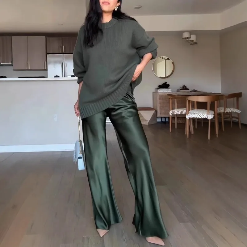 

Новый длинный атласный повседневный комплект из двух предметов, свободные вязаные свитера, зимняя модная удобная женская одежда в Европе и Америке