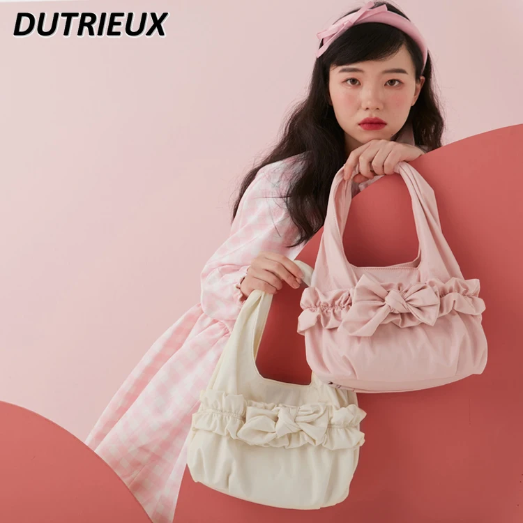 

Sweet Cute Handbag for Lady Portable Large Capacity Bag Commuter Bow Lolita Style Causal Bags Solid Color Women's Handbags