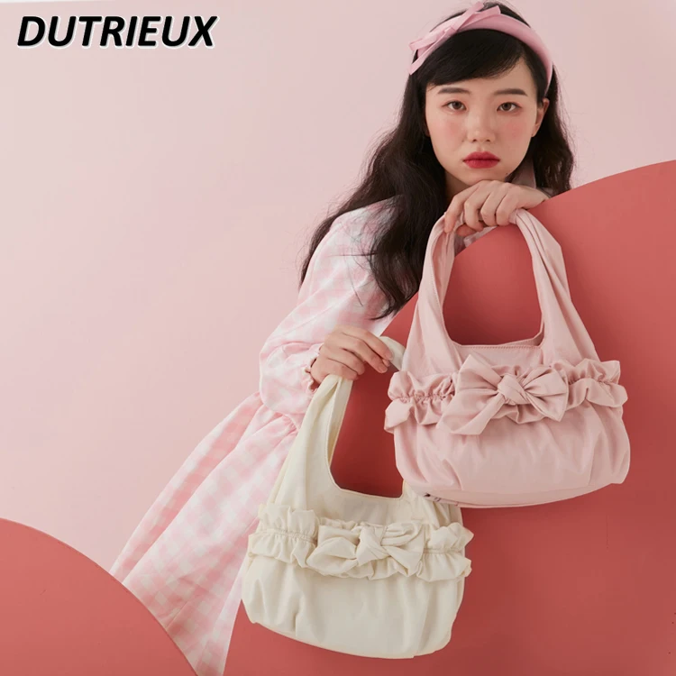 Sweet Cute Handbag for Lady Portable Large Capacity Bag Commuter Bow Lolita Style Causal Bags Solid Color Women's Handbags