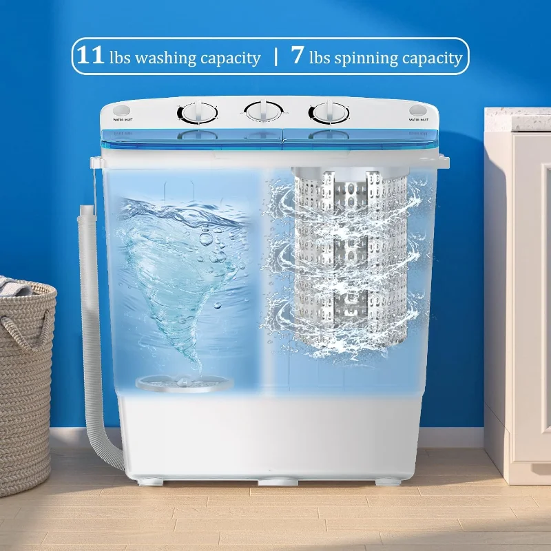 Portable Twin Tub Washing Machine, Buy 1(washer) Get 1(Dry Rack) Free! 11lbs Washer Mini Compact Laundry Machine and 7lbs