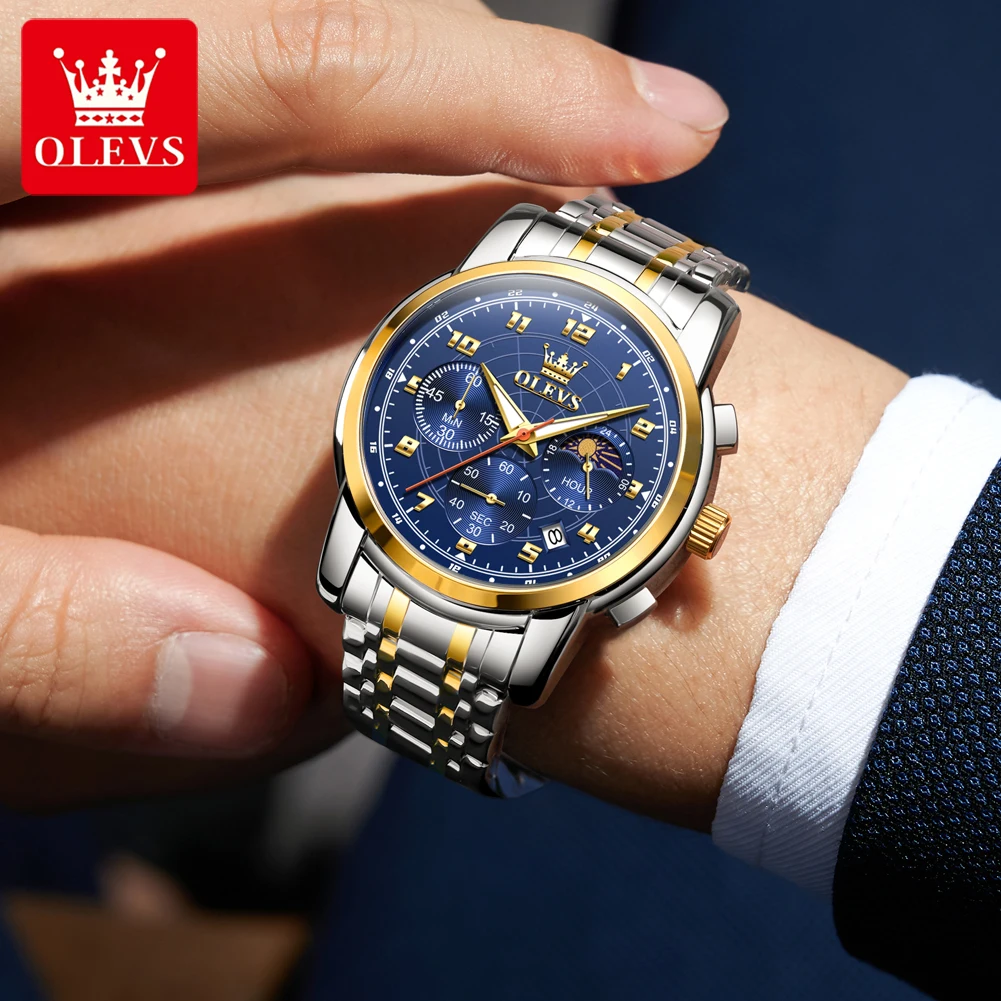OLEVS 2983 New Quartz Men's Wristwatches Digital Intelligent Style Literal Steel Strap Waterproof Moon Phase Chronograph Watch
