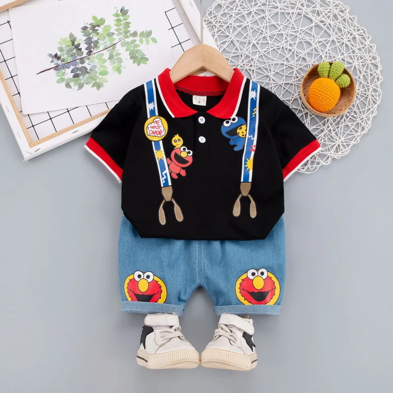 New Children Clothes for Baby Infant Boy Girl Cute Sesame Street Print Clothing Sets Summer Soft Polo T-shirt+Shorts 2pcs Suits