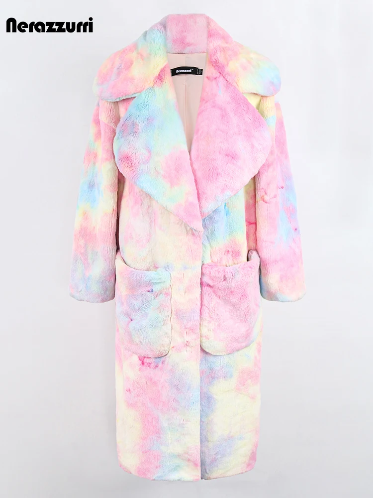 Nerazzurri Winter Long Colorful Oversized Thick Warm Faux Fur Coat Women Pockets Tie Dye Luxury Designer Runway Fluffy Jacket