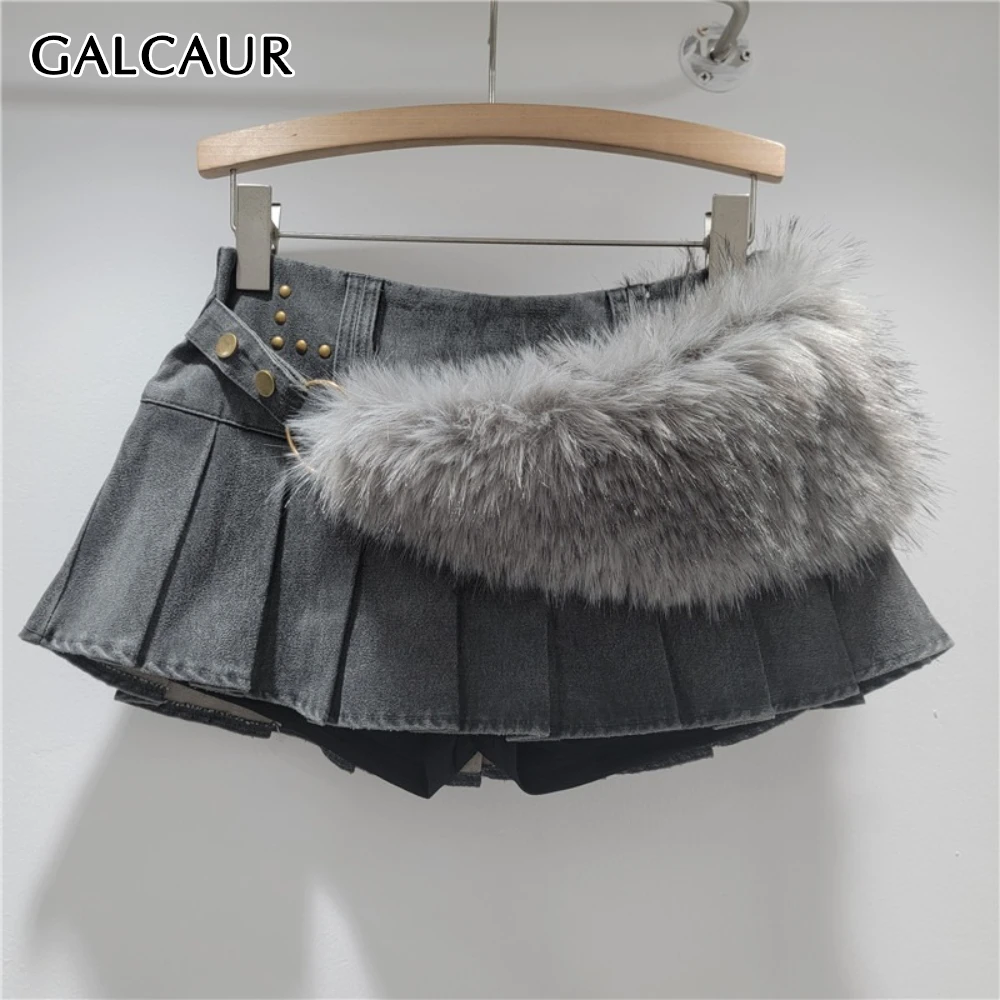 

GALCAUR Solid Spliced Folds Chic Skirt Female High Waist Slimming Patchwork Fur Hot Girl Women's Skirts Autumn Fashion New Style