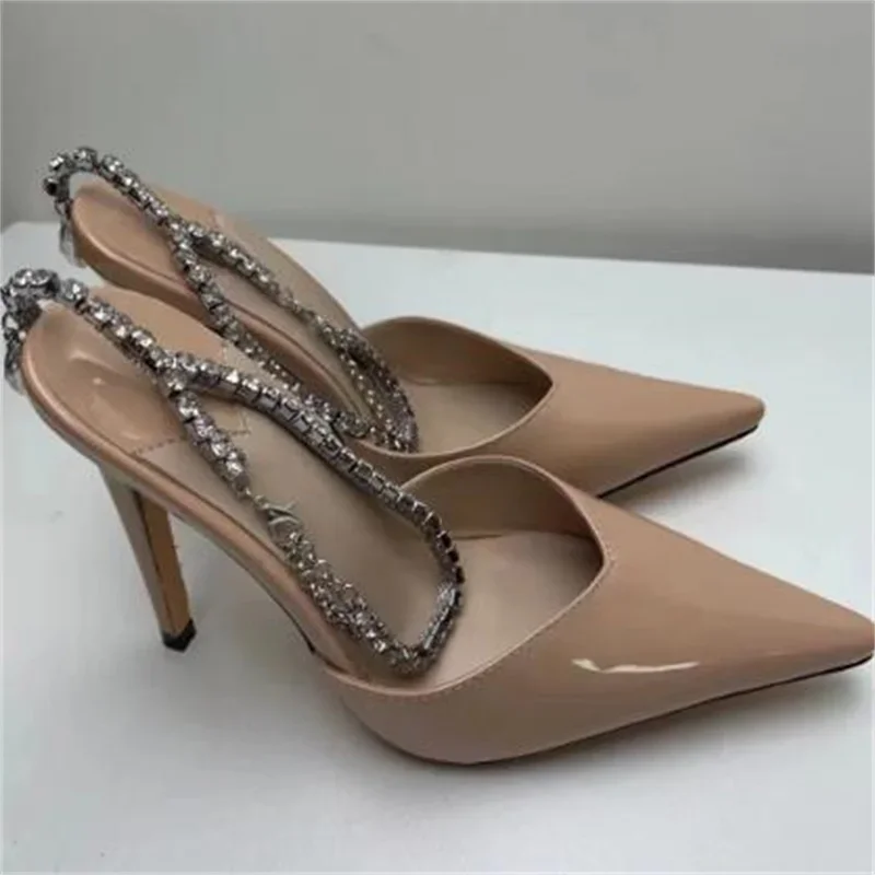 

Rhinestone Chain Shoes For Women Pointed Toes Thin High Heels Patent Leather Zapatos Mujer Crystal Tacones Sewing Chassure Femme