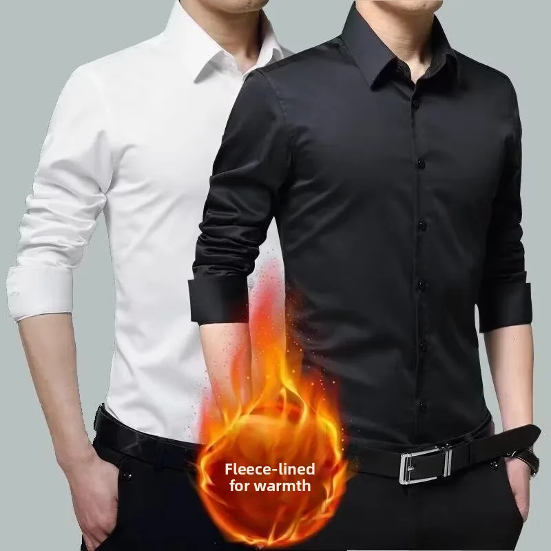

Men's Fleece Lined Slim Fit Long Sleeve Shirt Casual Warm Business Formal Leisure Korean Style Winter Shirt Youth Daily Wear