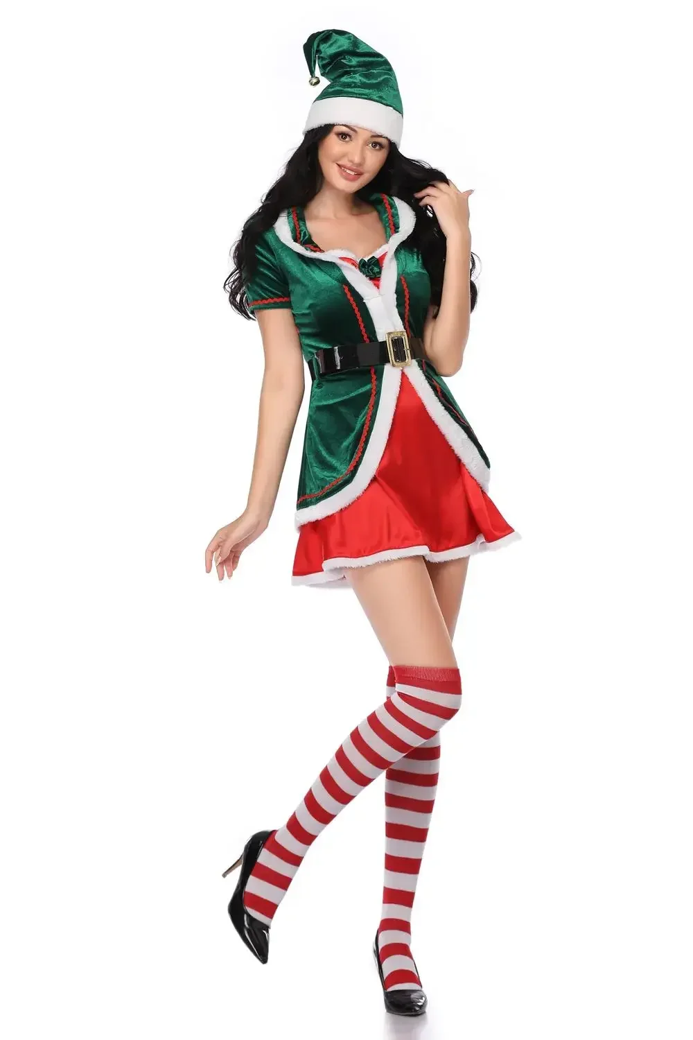 Lovely Green Plus Size Xmas Santa Claus Elf Helpers Costume Sexy Short Dress Christmas New Year's Clothes Women Festival Outfit