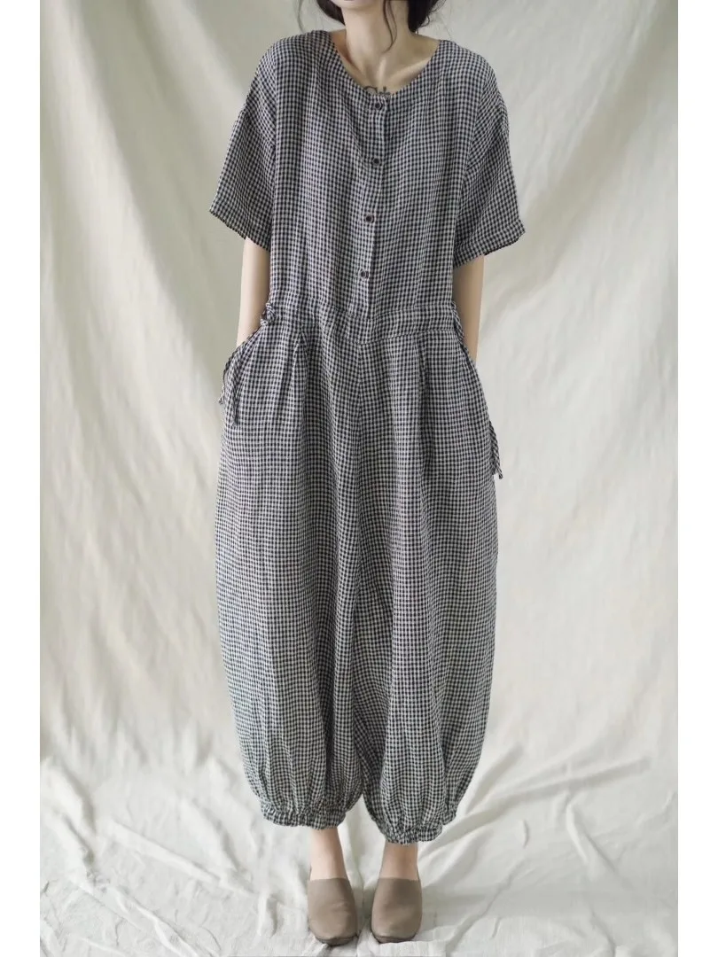 Retro Japanese Plaid One-Piece Pants Women's Summer New Simple Casual Versatile High Waist Slimming Dress Nine-Piece Pants