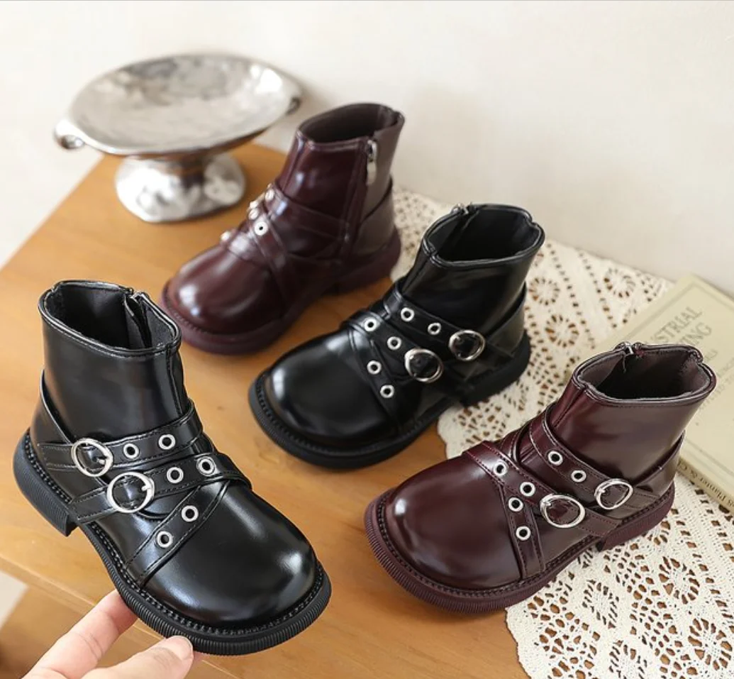 2026 Fashion Trend Autumn Children's Leather Boots Versatile British Ankle Boots Girls Belt Buckle Design Party Dress Shoes