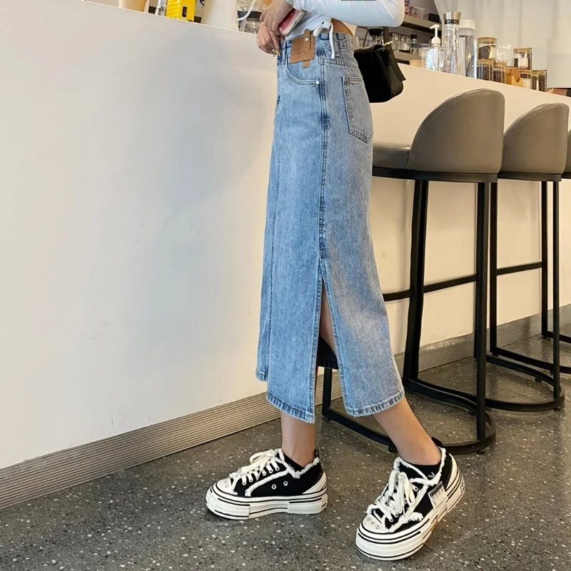 Women\'s Summer And Autumn New High Waist Split Wrapped Hip High Quality Soft Denim Skirt A-Line Mid Length Skirt