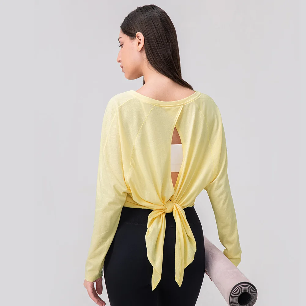 

Loose-fit Yoga Long Sleeve Women Tie-Front Sports Running Top Outerwear Solid-Colour Lace-Up Fitness T-Shirt Breathable