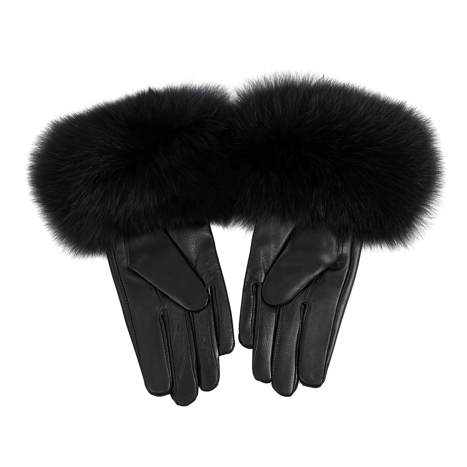 BOONJOVIA Women Genuine Lambskin Leather Gloves With Real Fox Fur Trim Cuff Winter Warm Driving Gloves-Velvet Lined