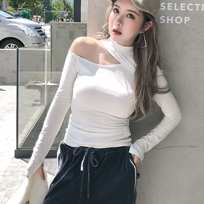 Summer Sexy Fashion Party Korean Edition Slim Fit Off Shoulder Long sleeved T-shirt