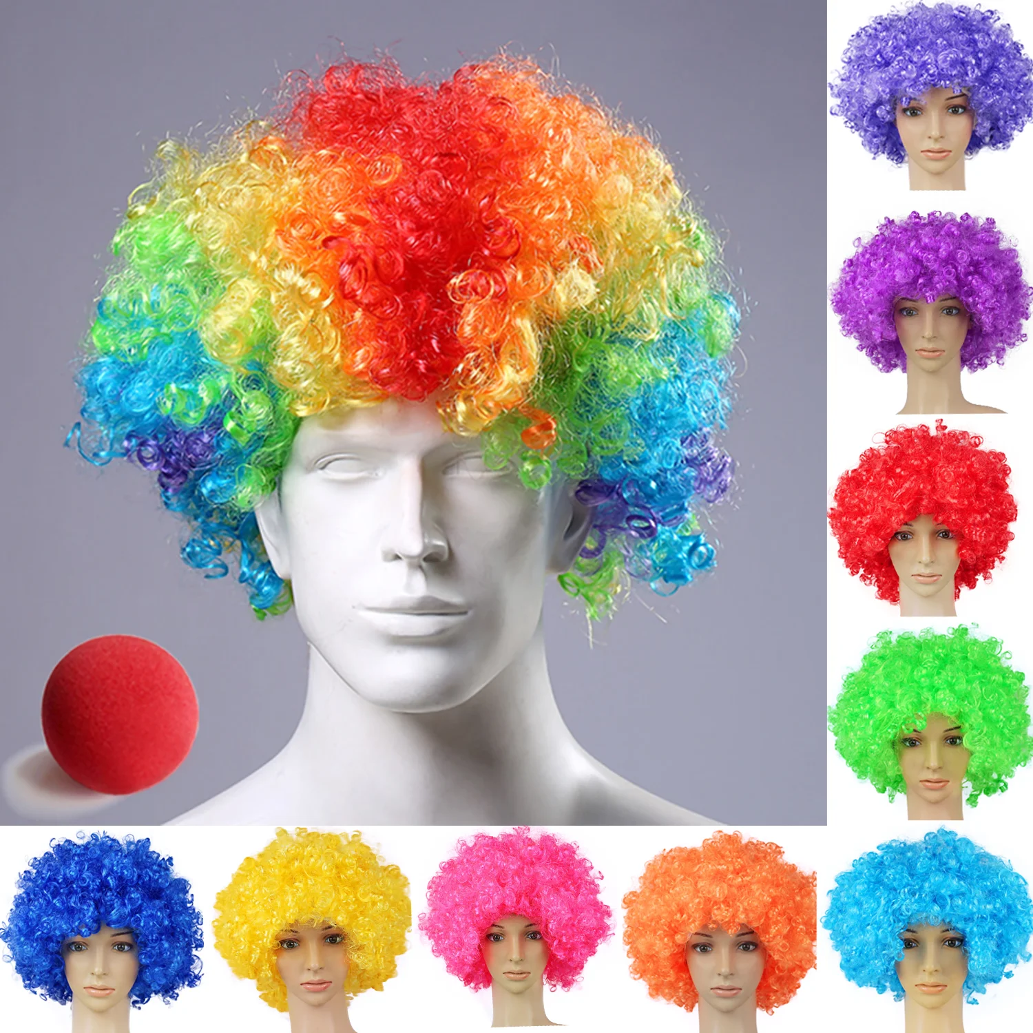 Colorful Clown Wig Afro Curly Synthetic Wig Cosplay for Men Women Mardi Gras Party Wig Red Green Yellow Blue Wig Clown Nose