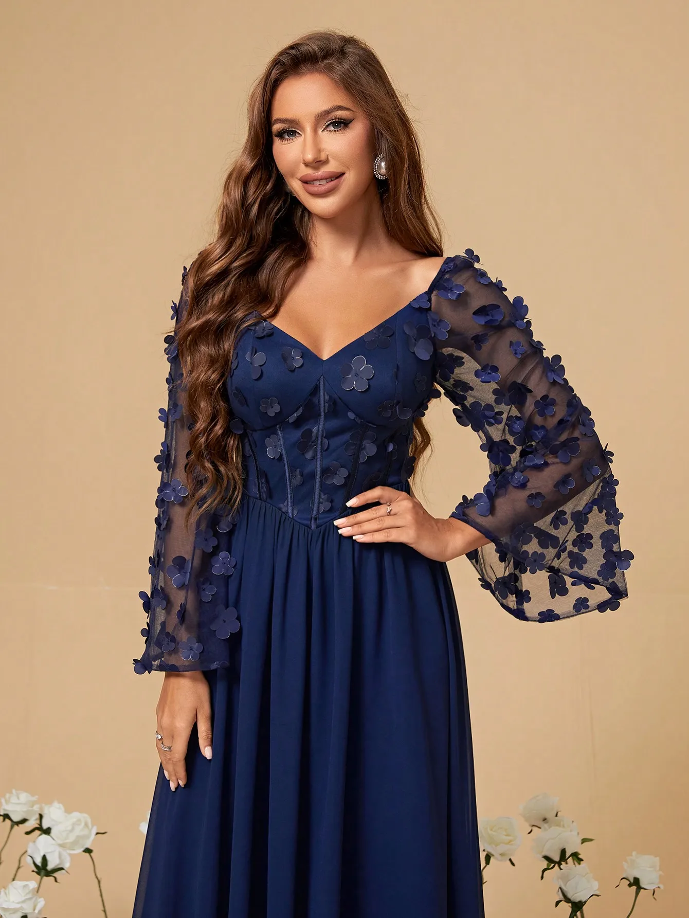 Mgiacy Princess collar long sleeve three-dimensional floral patchwork chiffon A full-length evening gown ball dress Party dress