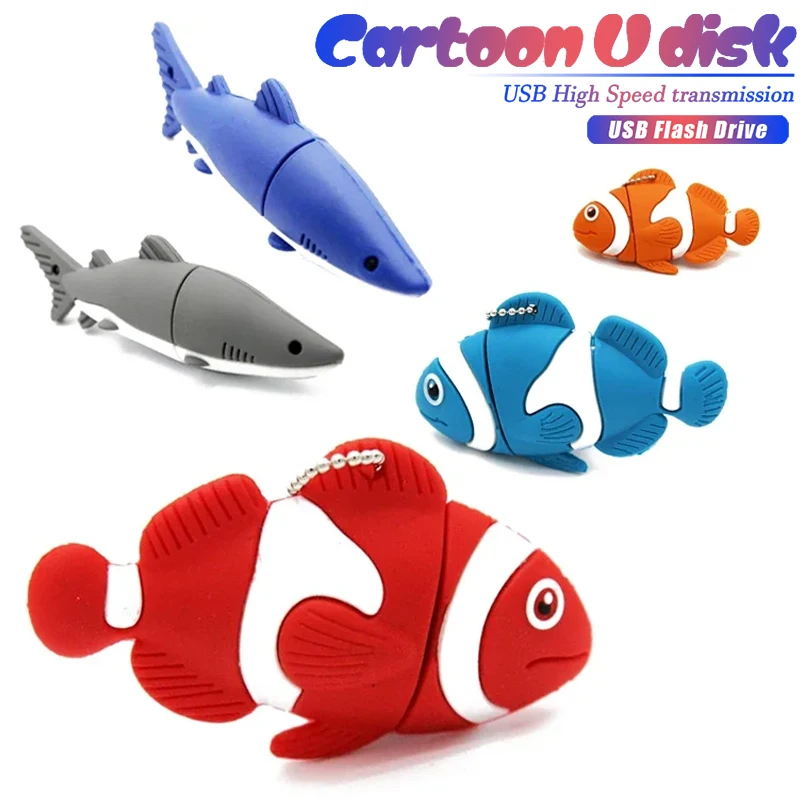 

JASTER Full Capacity USB Flash Drive 128GB Novelty Cartoon Cool Style Memory Stick 64GB Shark Pendrive 32GB Clownfish U Disk 8GB