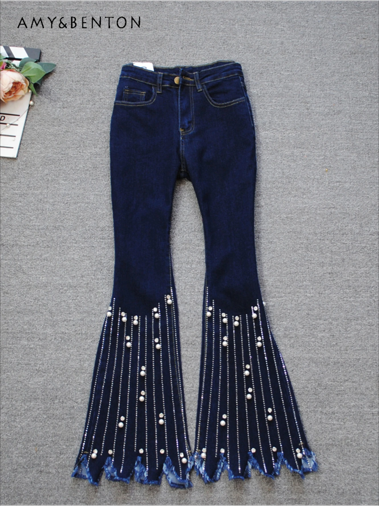 

Spring Autumn Temperament Ladies Jeans Heavy Industry Tassel Bead Rhinestone High Waist Slim Flared Pants Fashion Jeans Woman