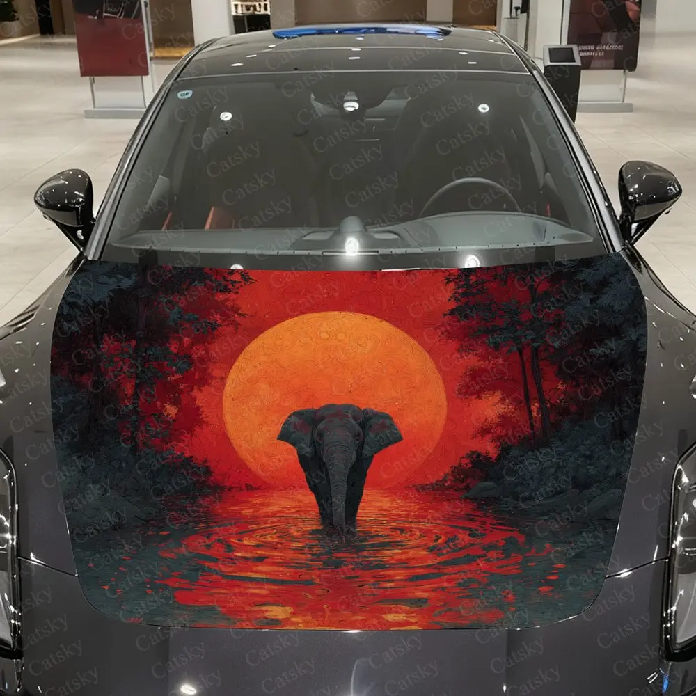 Red Flame Sunset Elephant Car Hood Sticker,Waterproof Self-Adhesive Vinyl Graphics Decals,Decorative Auto Accessories Stickers
