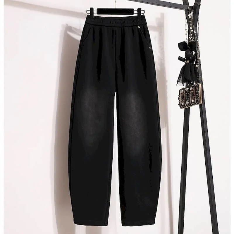 

Solid Lantern Pants Women Plush Sporty Trousers Korean Style Casual Vintage Elastic Waist Drawstring Loose Streetwear Harem Pant