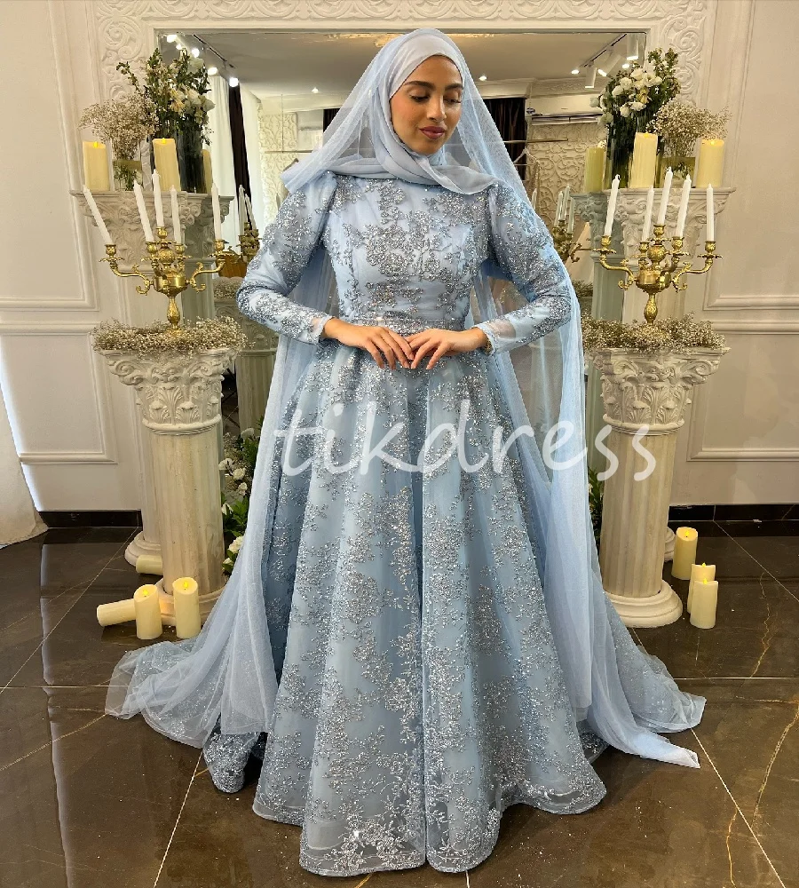 

Luxury Blue Muslim Prom Dress 2025 Long Sleeve Islamic Sequin Lace Evening Dresses Abaya Dubai Formal Birthday DressCustomized