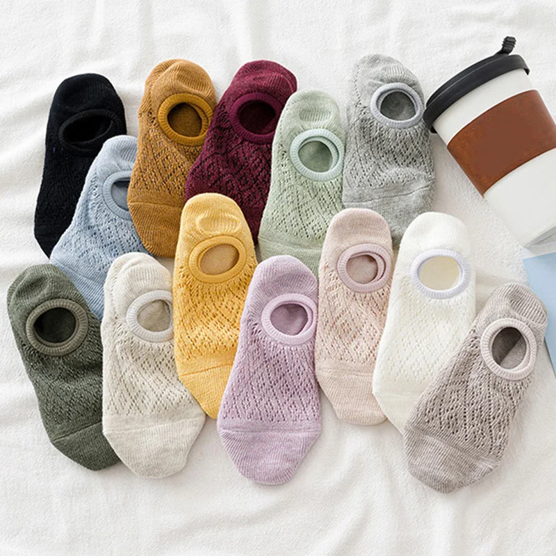 5 Pairs/Set Women Invisible Socks Summer Solid Color Mesh Ankle Boat Socks Silicone Non-slip Female Cotton Slipper No Show Socks