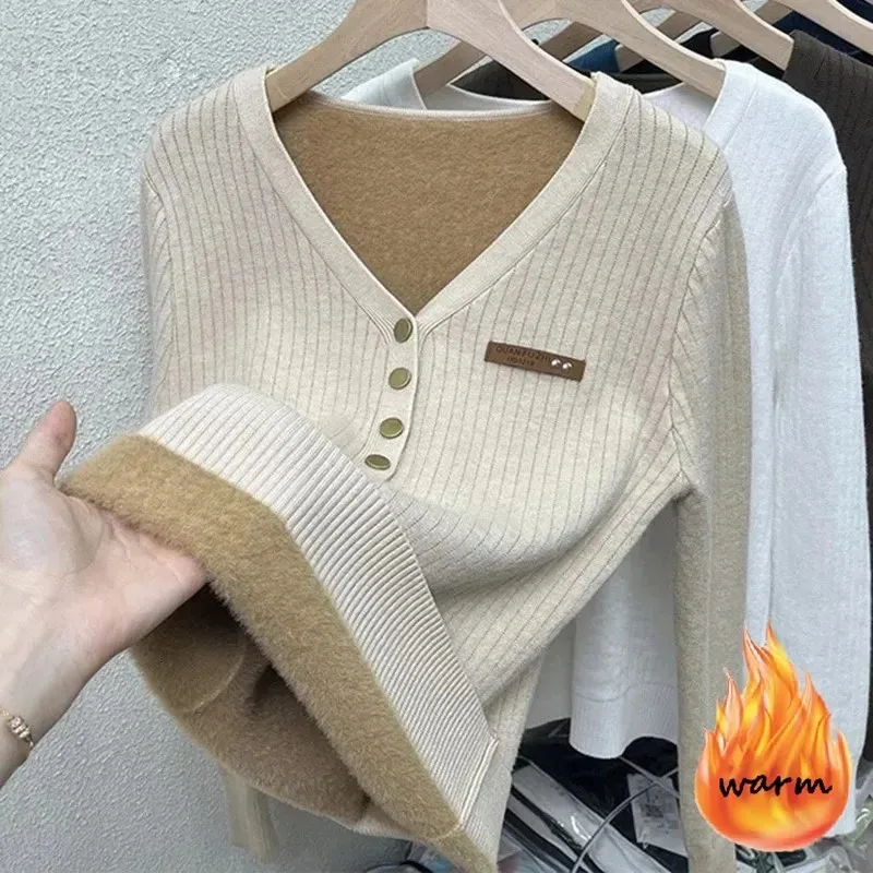 

Thicken Warm Plus Velvet Winter Sweater Women Casual V-neck Button Design Basic Jumpers Solid Knit Pullover Bottomed Sweaters