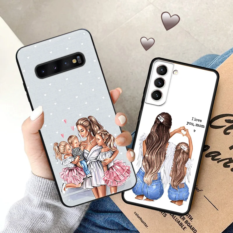 Case For Samsung S24 Plus S23 FE S22 S21 S20 S10Lite Black Brown Hair Baby Mom Girl Son Phone Cover For Galaxy Note20 Ultra Case