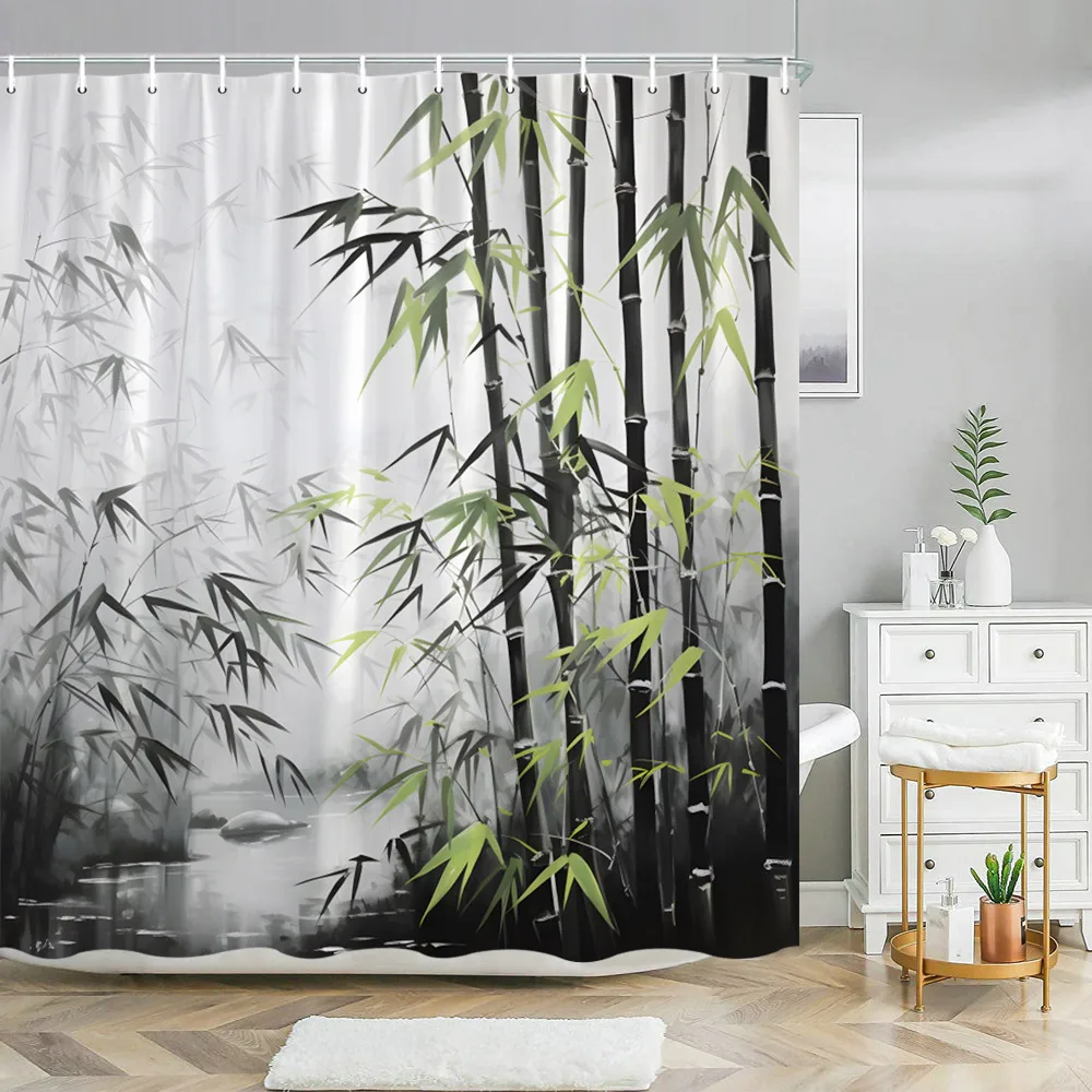 Chinese Landscape Shower Curtain Ink Painting Bamboo Landscape Cherry Blossom Writing Landscape Shower Curtains Bathroom Decor