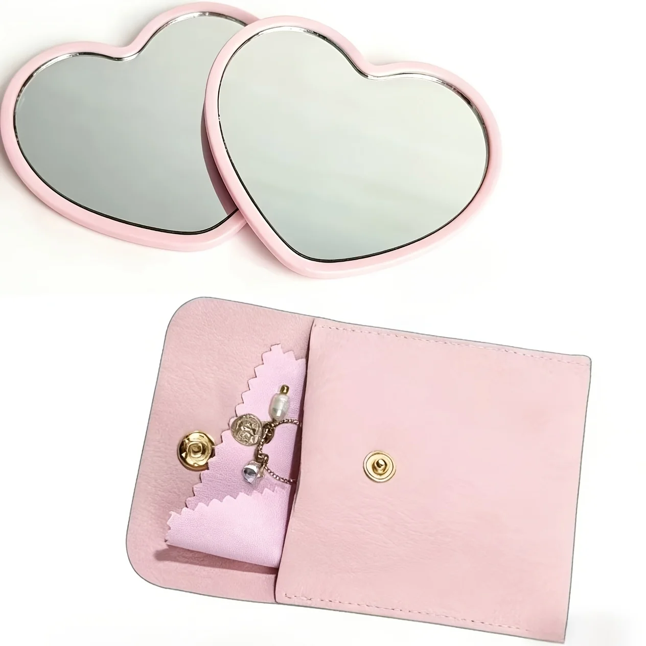 10/20/30 Sets Herzförmiger Rosa Glas-Schminkspiegel mit Passender Kosmetiktasche für Reisen, Heimdekoration und Geschenke – Detail 3